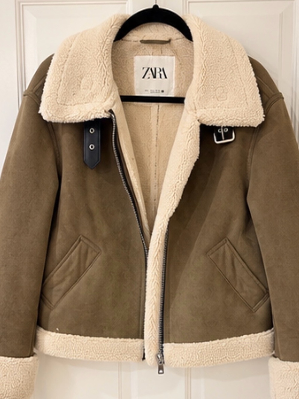 ZARA Olive Brown Bomber Jacket with Cream Shearling
